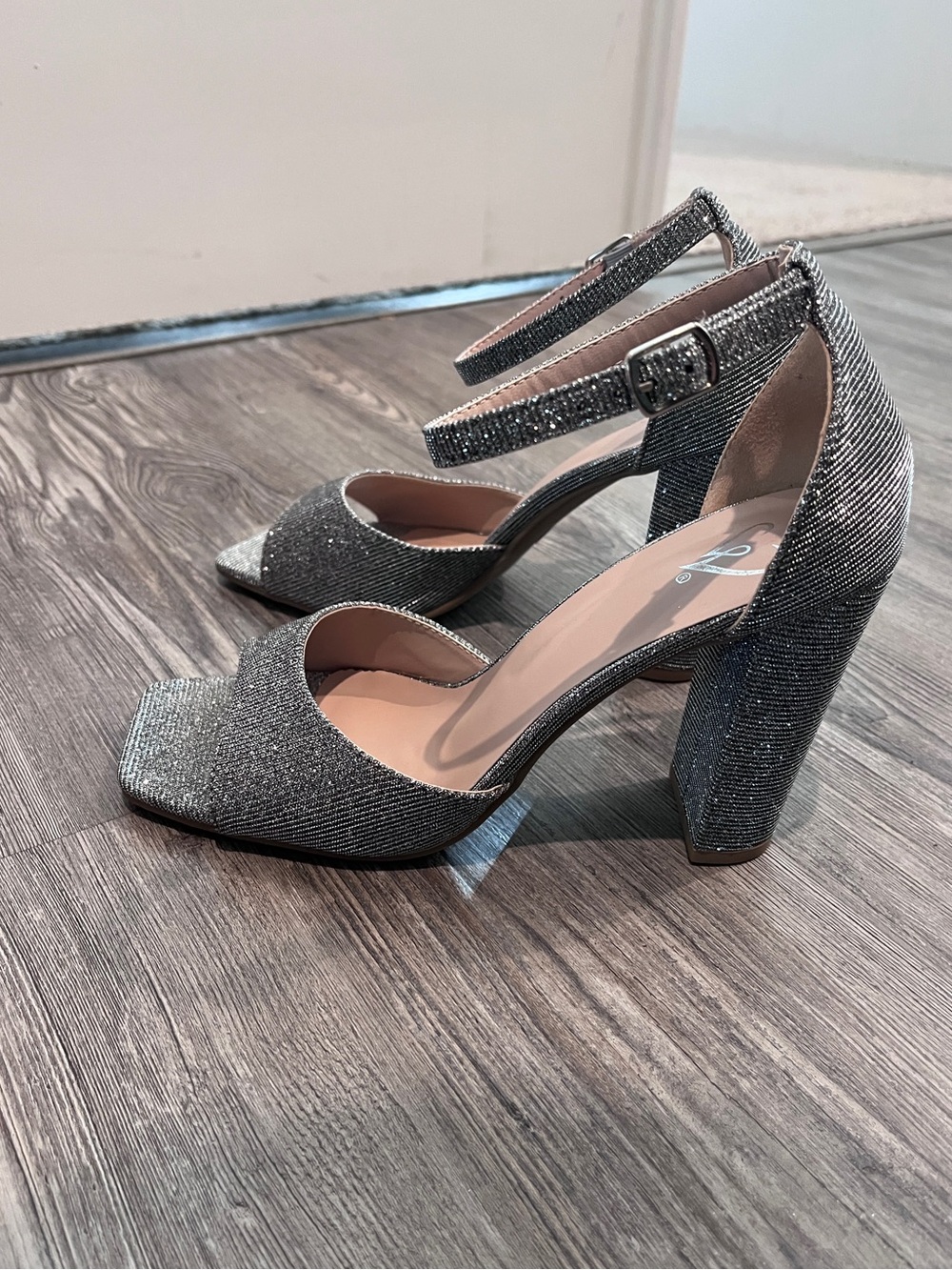 Silver Metallic Square Toe Heels